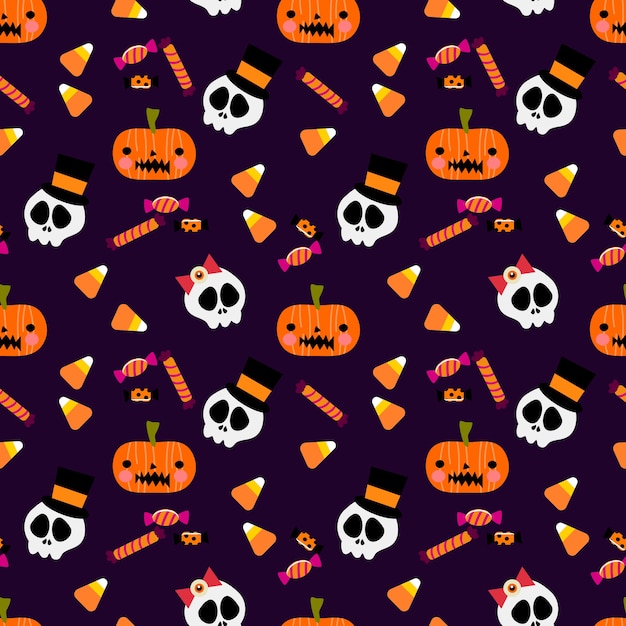 Colorful Halloween candy and skull seamless pattern.