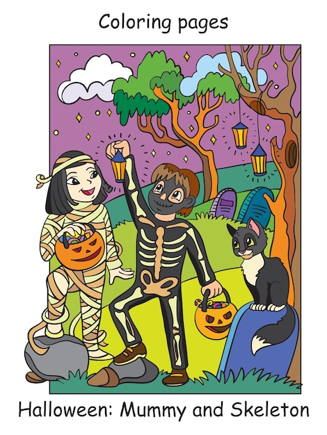 Colorful Halloween children in costumes of skeleton and mummy