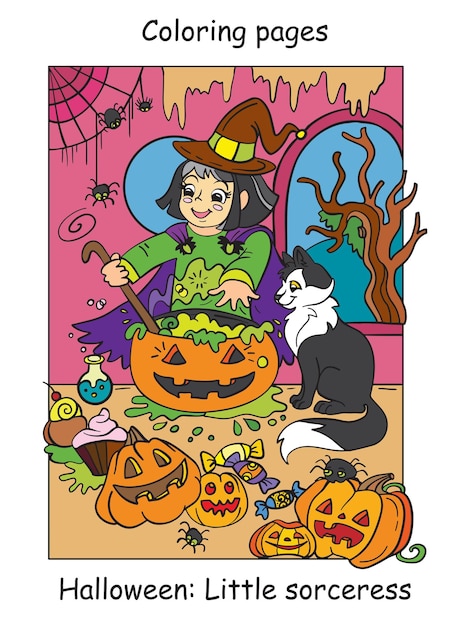 Colorful Halloween cute little witch cooks in cauldron