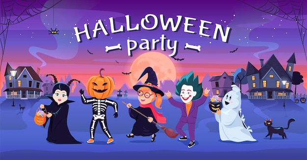 Colorful halloween party for kids in costumes cartoon vector illustration