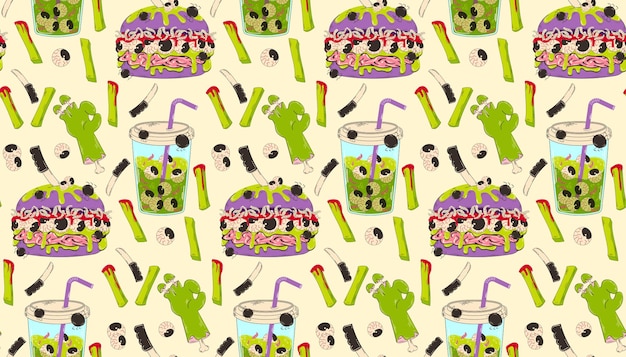 Colorful Halloween pattern in retro cartoon style Fast food in zombie style burger with eyes