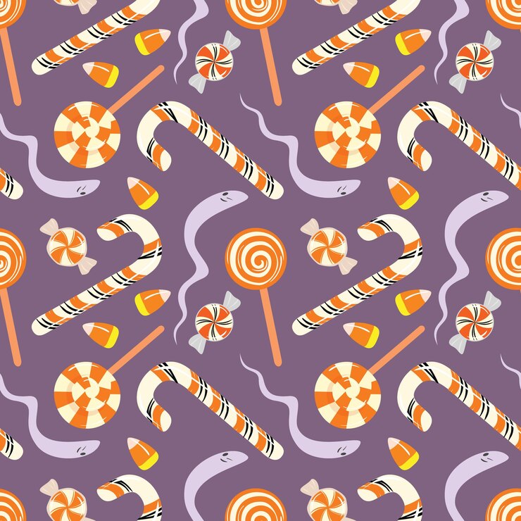 वेक्टर colorful halloween pattern with candies lollopops and funny ghosts