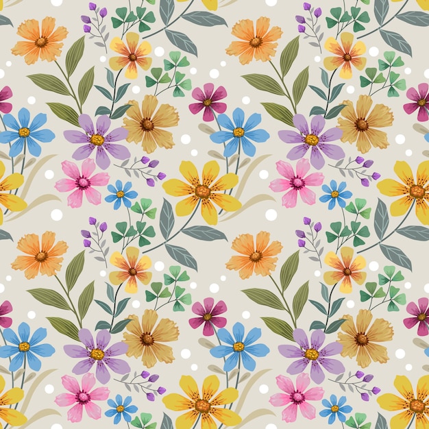 Colorful hand draw flowers on blue color seamless pattern