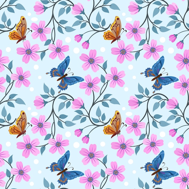 Colorful hand draw flowers and butterfly seamless pattern  