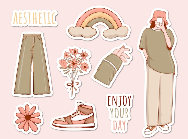 Colorful Hand drawn aesthetic stickers collection