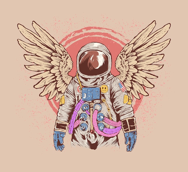 Colorful hand drawn astronaut illustration with wings