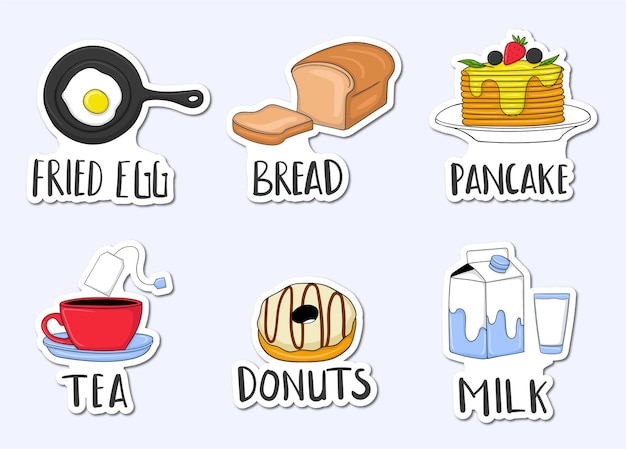 Colorful hand drawn breakfast menu stickers collection