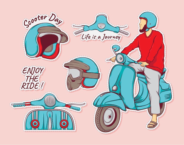 Colorful hand drawn classic scooter with helmet stickers collection