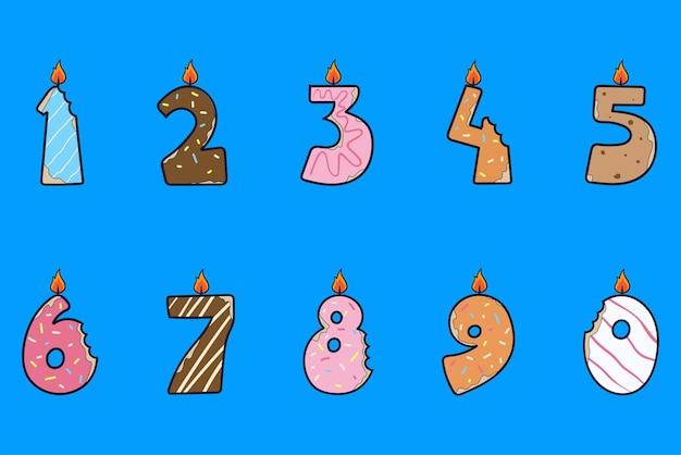 Colorful hand drawn cookie birthday candle number 0 to 9