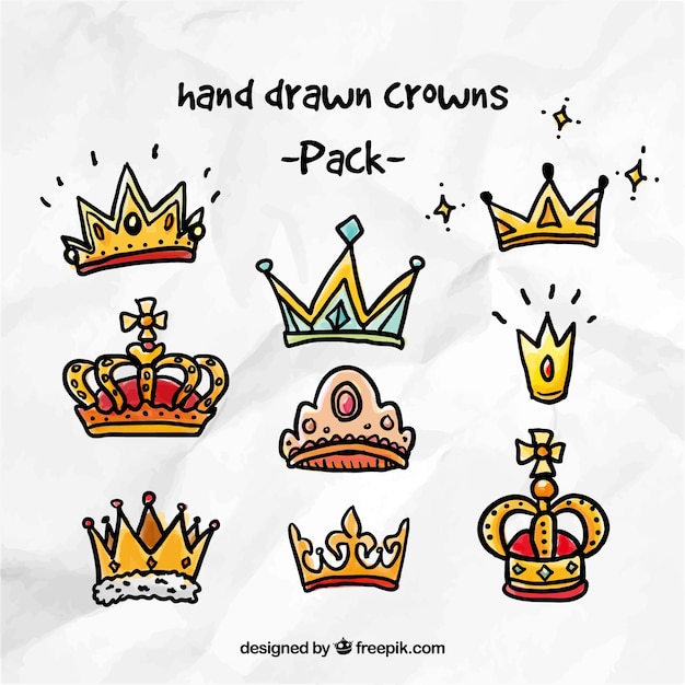 Vector colorful hand drawn crowns pack