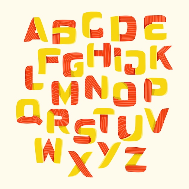 カラフルな手描きの装飾的なベクトル子供のための英語のアルファベット子供のための楽しい明るいフォント2色の文字ジグザグと曲線の赤と黄色のabcタイトルの見出しのポスターのポップアート