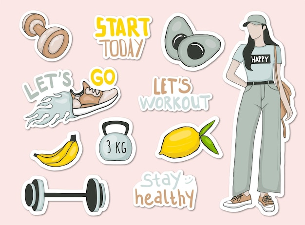 Vector colorful hand drawn diet theme stickers collection