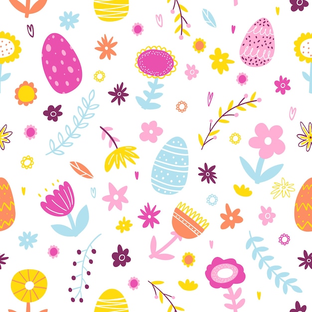 Vettore modello senza cuciture di pasqua disegnato a mano colorato con piante fiori uova di pasqua sfondo vettoriale per carte pasquali carta da imballaggio banner tessile carta da parati web design