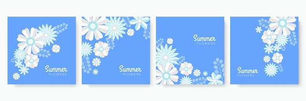 カラフルな手描きの花の夏の instagram の投稿またはソーシャル メディアのストーリー テンプレート コレクション。ペーパーカットスタイルの花柄グリーティングカードコレクション