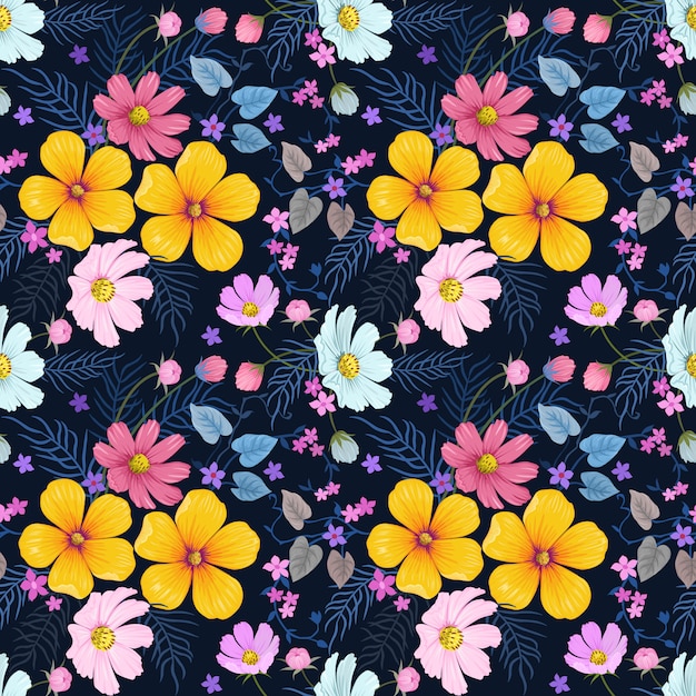 Colorful hand drawn flowers seamless pattern vector design.