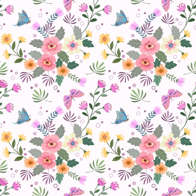 Colorful hand drawn flowers seamless pattern vector design.