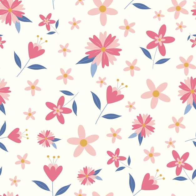 Colorful hand drawn flowers seamless pattern with white background