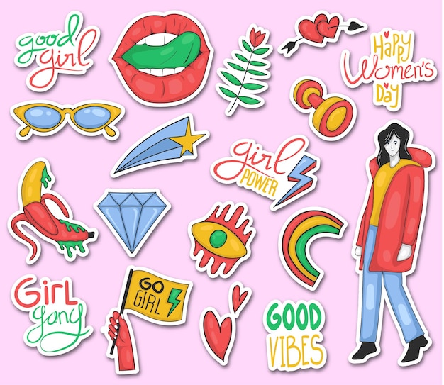 Colorful hand drawn girl power stickers collection