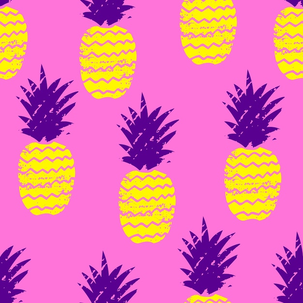 Vector colorful hand drawn grunge pineapple seamless pattern.
