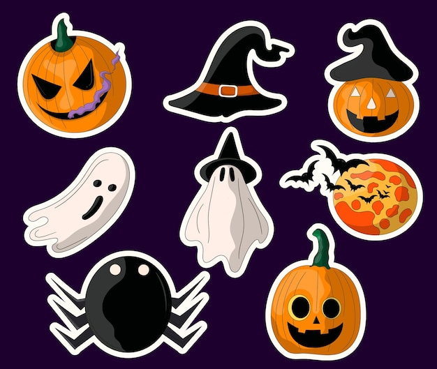 Vector colorful hand drawn halloween sticker pack