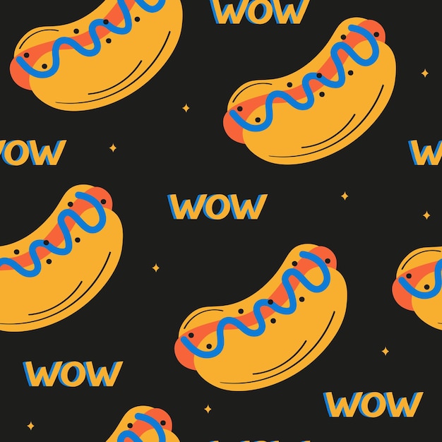 Colorful hand drawn hot dogs on black background. modern seamless pattern vector illustration. wow