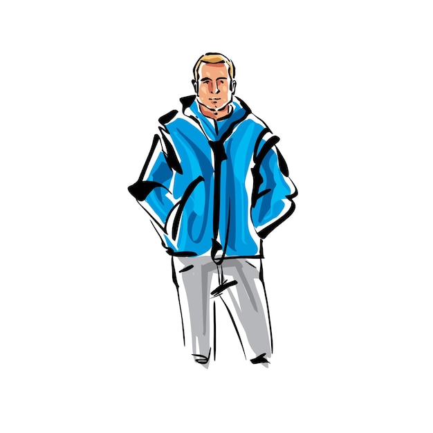 colorful hand drawn illustration of a fair-haired man with his hands in pockets.