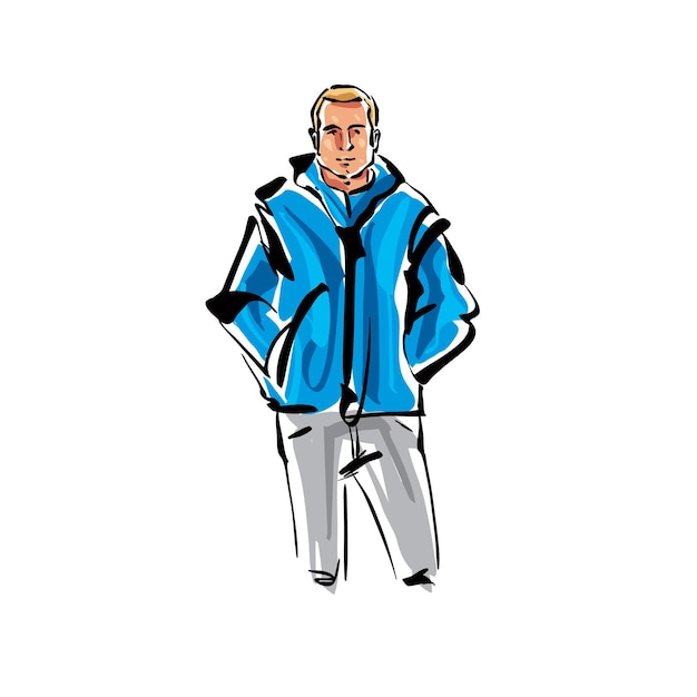 Vector colorful hand drawn illustration of a fair-haired man with his hands in pockets.