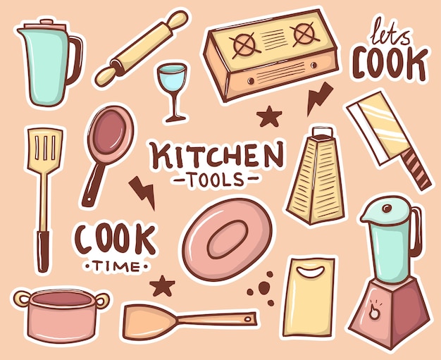 Colorful hand drawn kitchen tools stickers collection