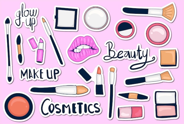 Vector colorful hand drawn make up tools sticker collection