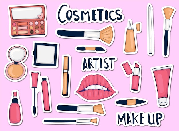 Colorato disegnato a mano make up tools sticker collection