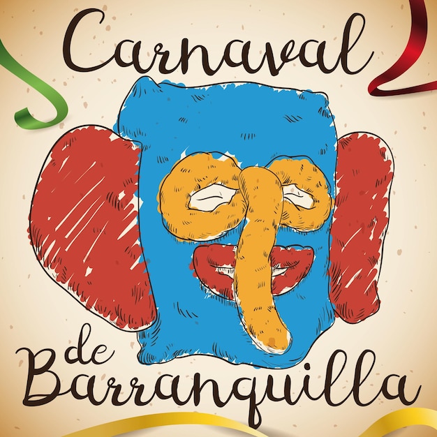 Colorful hand drawn marimonda mask and ribbons for Barranquillas Carnival