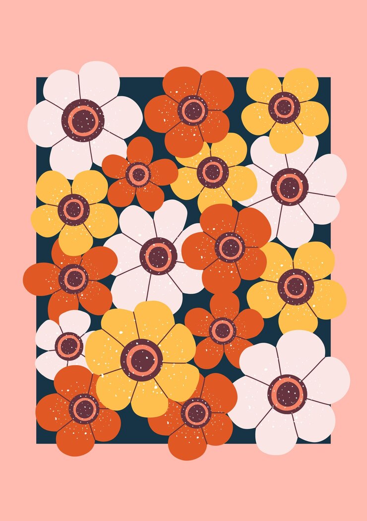 Colorful hand drawn retro flowers in warm vintage palette on dark background