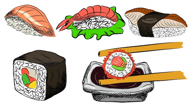 Colorful hand drawn set of Asian food