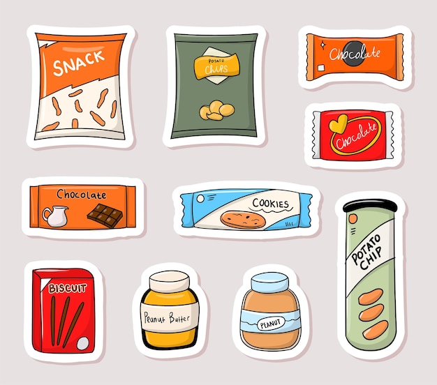 Vector colorful hand drawn snack lover stickers