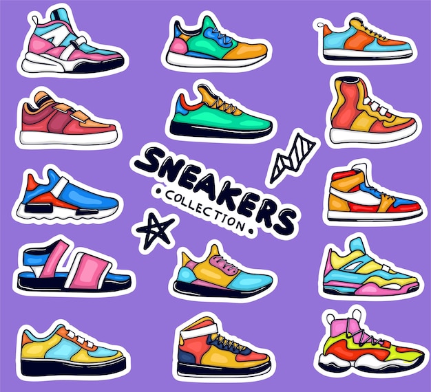 Colorful hand drawn sneakers stickers collection