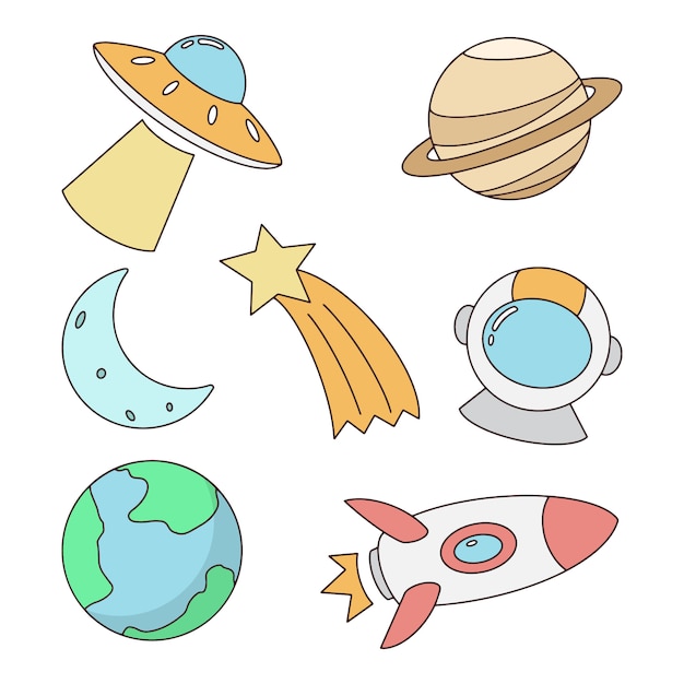 Colorful hand drawn space elements set