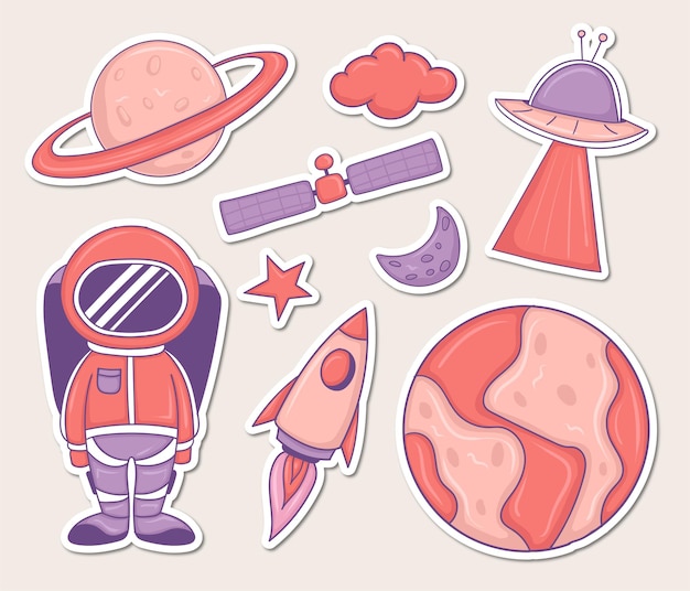 Colorful hand drawn space elements stickers collection