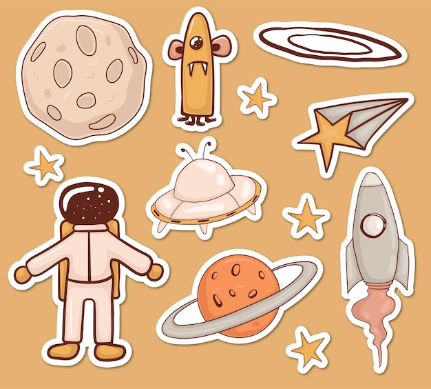 Colorful hand drawn space theme stickers collection