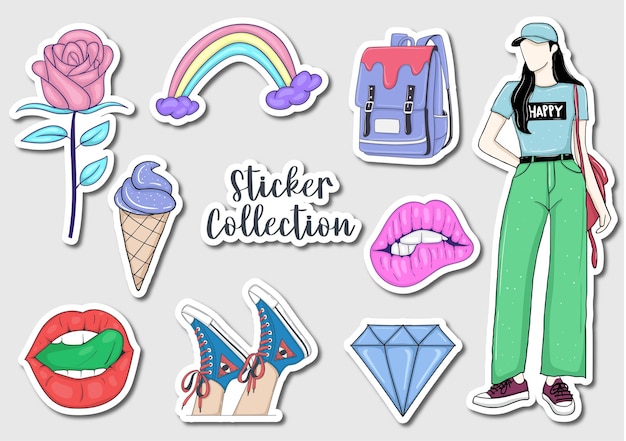 Vector colorful hand drawn stickers collection