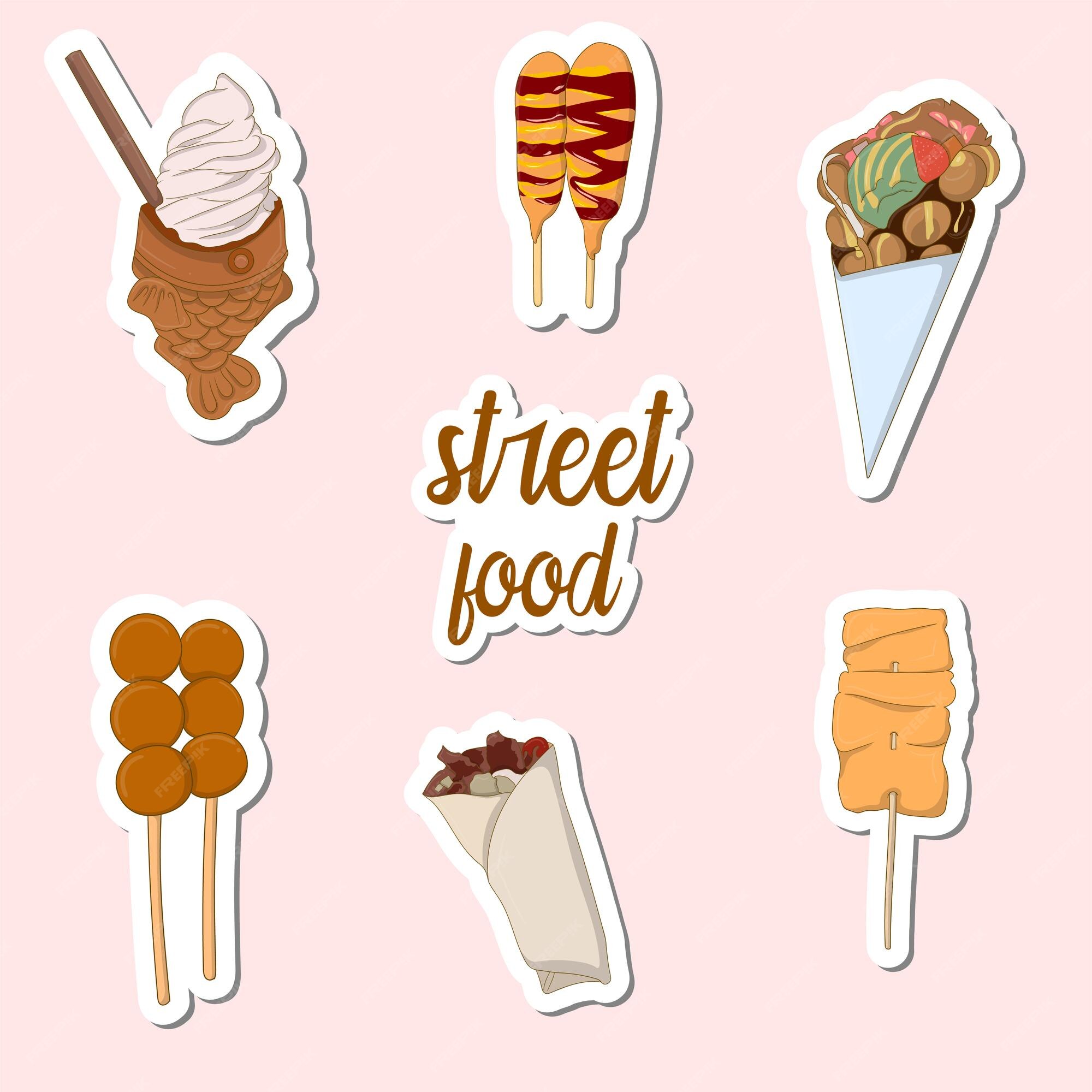Premium Vector | Colorful hand drawn street food stickers design