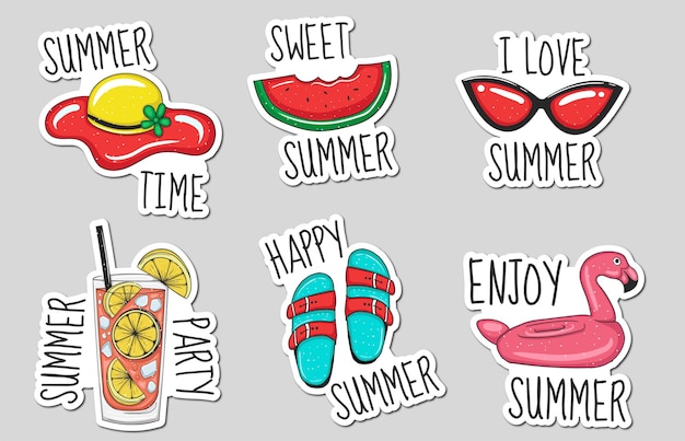 Vector colorful hand drawn summer element stickers collection