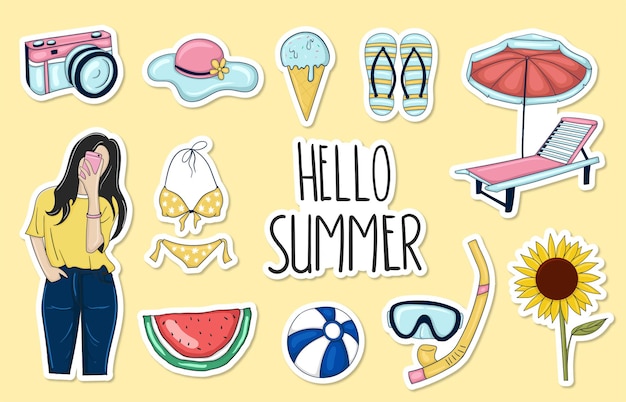 Vector colorful hand drawn summer sticker collection