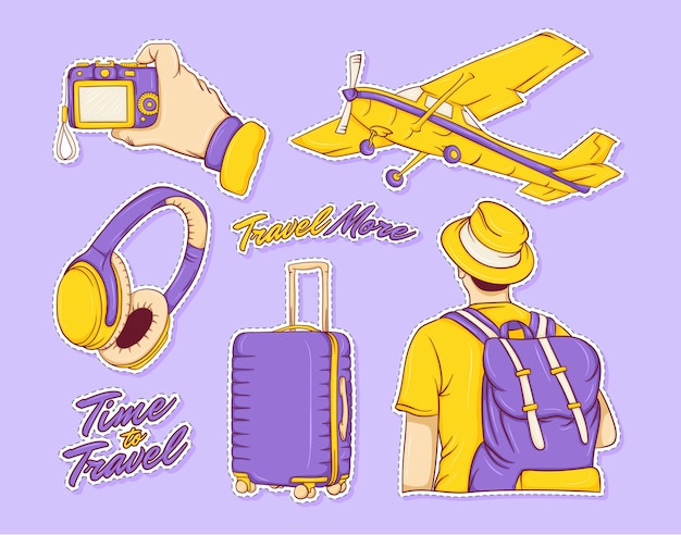 Colorful hand drawn time to travel with airplane stickers collection