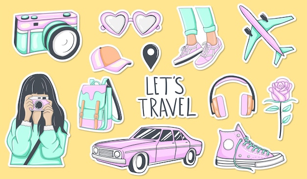 Colorful Hand Drawn Travel Stickers collection