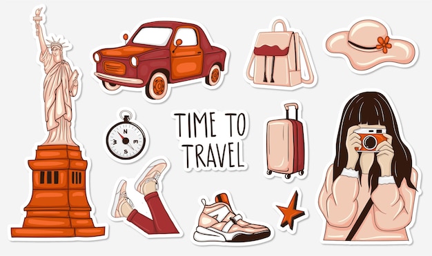 Vector colorful hand drawn travel stickers collection