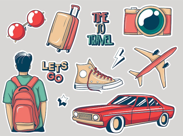 Colorful Hand drawn travel stickers collection