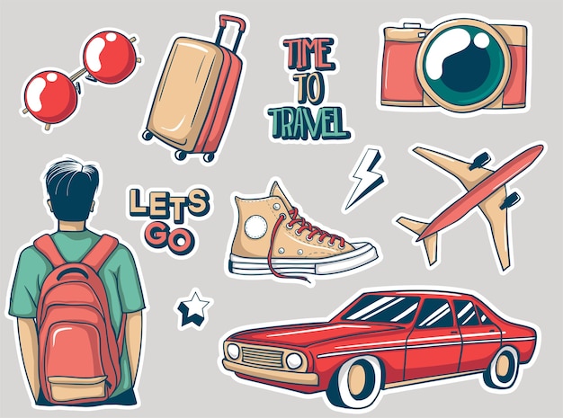 Colorful hand drawn travel stickers collection