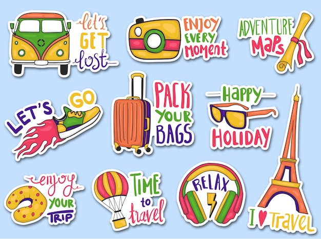 Vector colorful hand drawn travel stickers collection