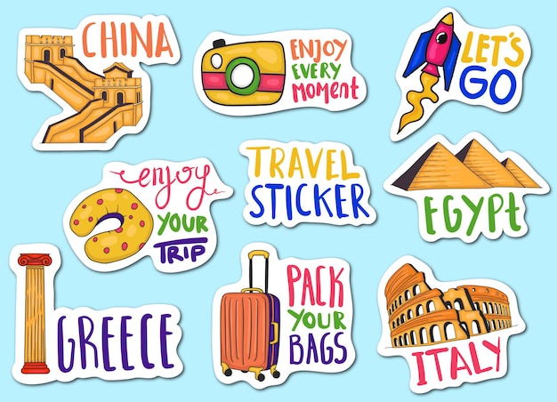 Colorful Hand Drawn Travel Stickers Collection