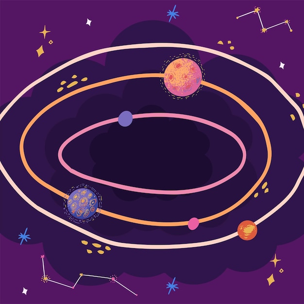 colorful hand-drawn vector background with planets, stars, comets, constellations